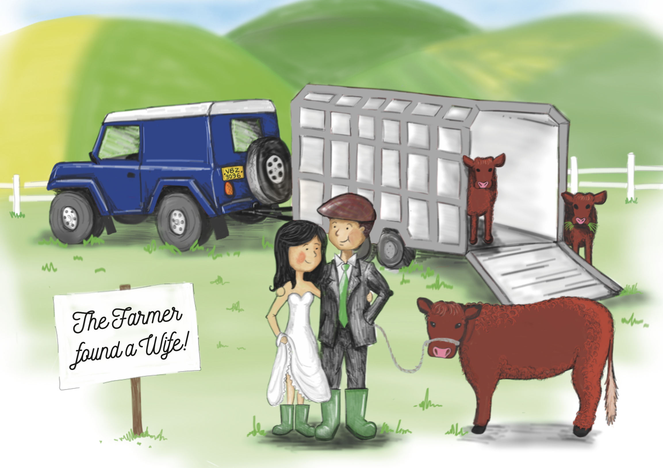 An illustration for wedding invitations, of a newlywed couple, bride and farmer, standing in a field with a blue truck carrying a livestock trailer. Two brown calves are in the trailer, there is a sign that says 'The Farmer's Wife found a Wife!' 