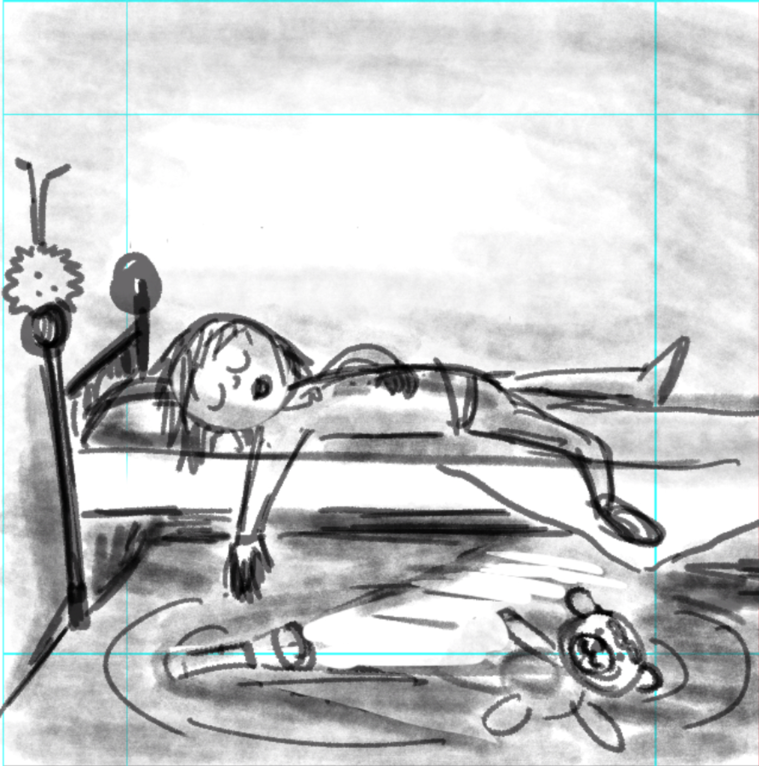 The Dream Team - child sleeping, part of full page spread illustration at sketch/storyboarding stage