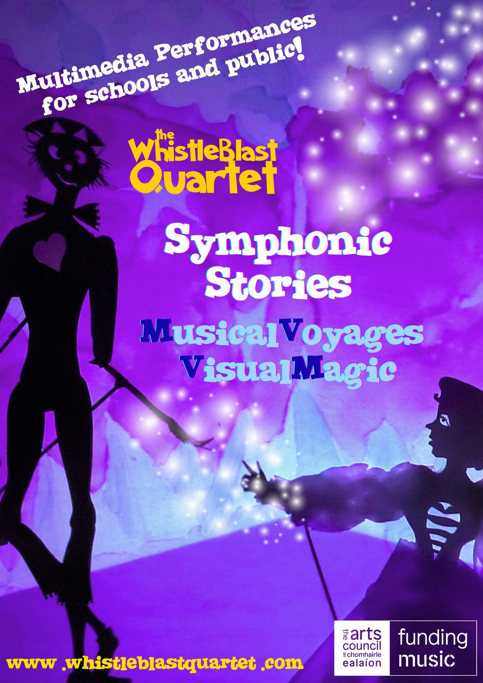 Four people in t-shirts with text "WhistleBlast Quartet" in yellow on them stand smiling, holding instruments. They are in the middle of a graphic of a New York skyline in different shades of blue.