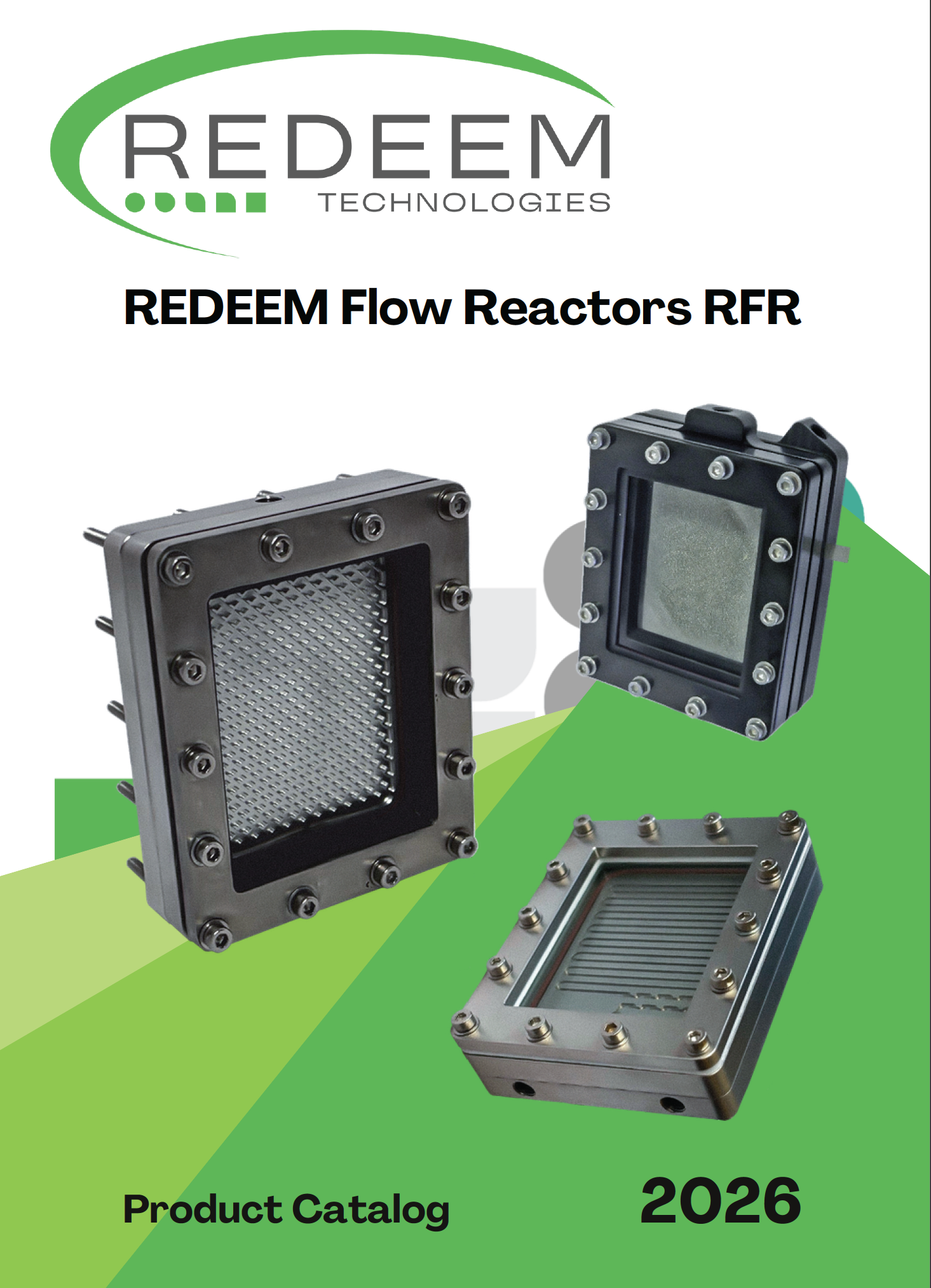 Cover of the Redeem Technologies product catalog featuring various industrial flow reactors with metal frames and glass panels, with the text 'REDEEM Flow Reactors RFR', 'Product Catalog', and '2026' on a green and white background.