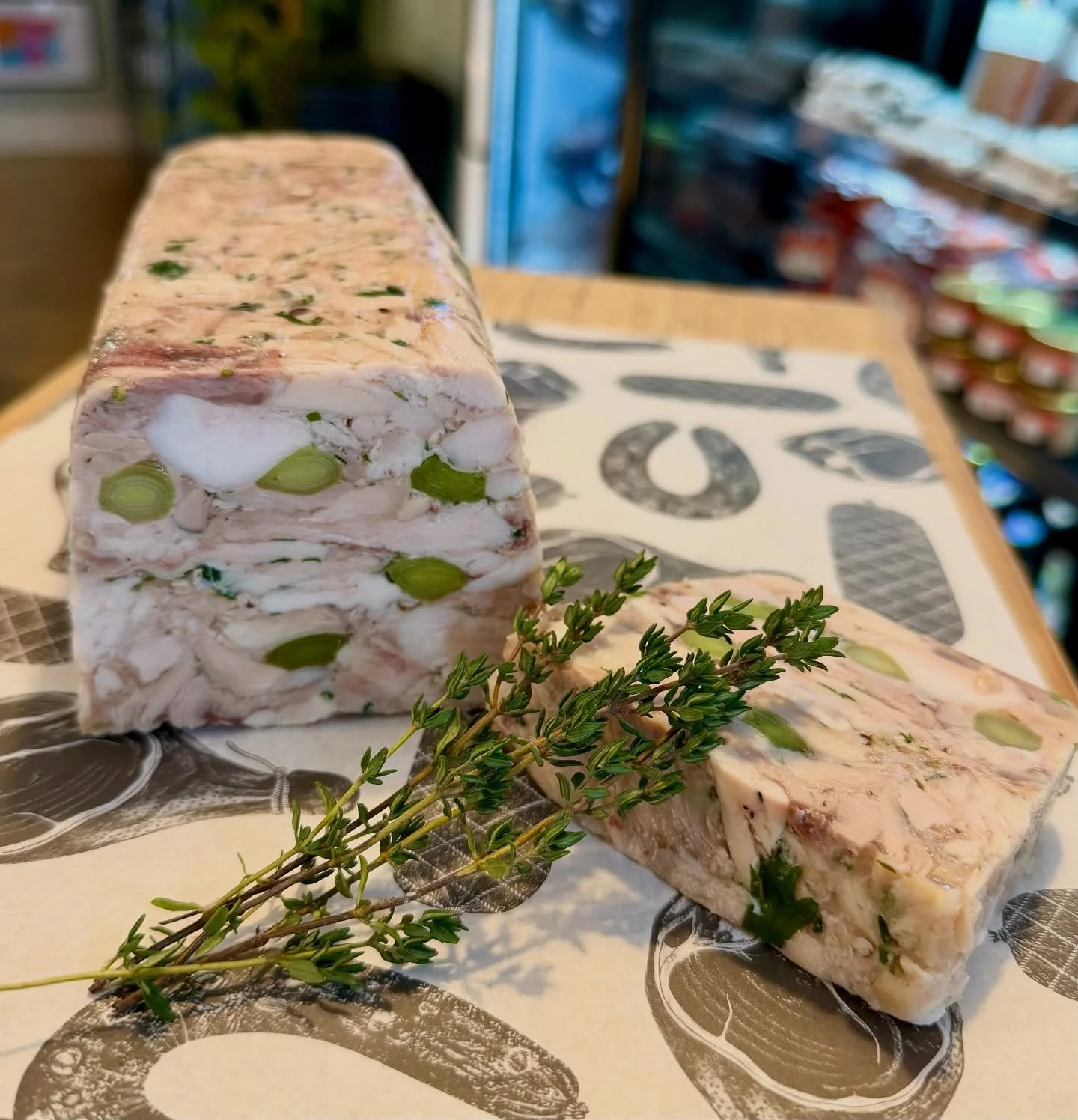 Chicken, Thyme, and Leek Terrine made with our delicious free range chicken 🐓. We recommend pairing with a medium white wine and some sourdough, both available to pick up in store 🍷🥖 Available today and tomorrow! 

#meatbeerlife