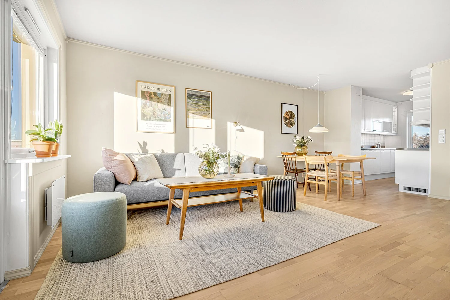 Bright living room with gray sofa, pillows, coffee table, potted plants, wall art, dining area with wooden table and chairs, and an open kitchen with white cabinets.