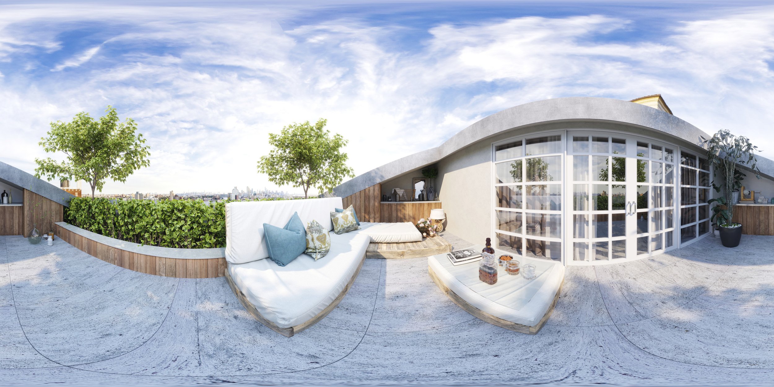 Panoramic view of a modern rooftop terrace with white sofas, decorative pillows, potted plants, and glass doors under a blue sky with clouds.