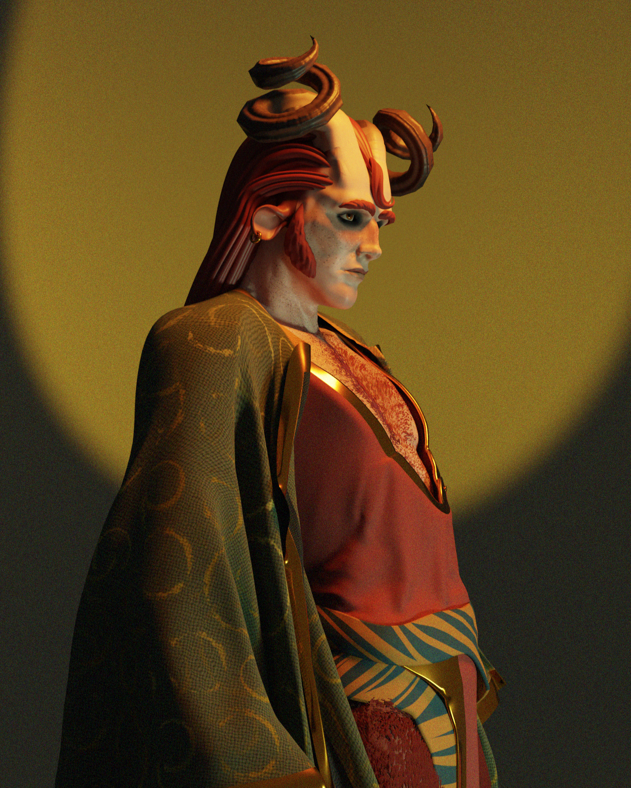 Fantasy character with red hair, horns, and elaborate clothing in front of a yellow background.