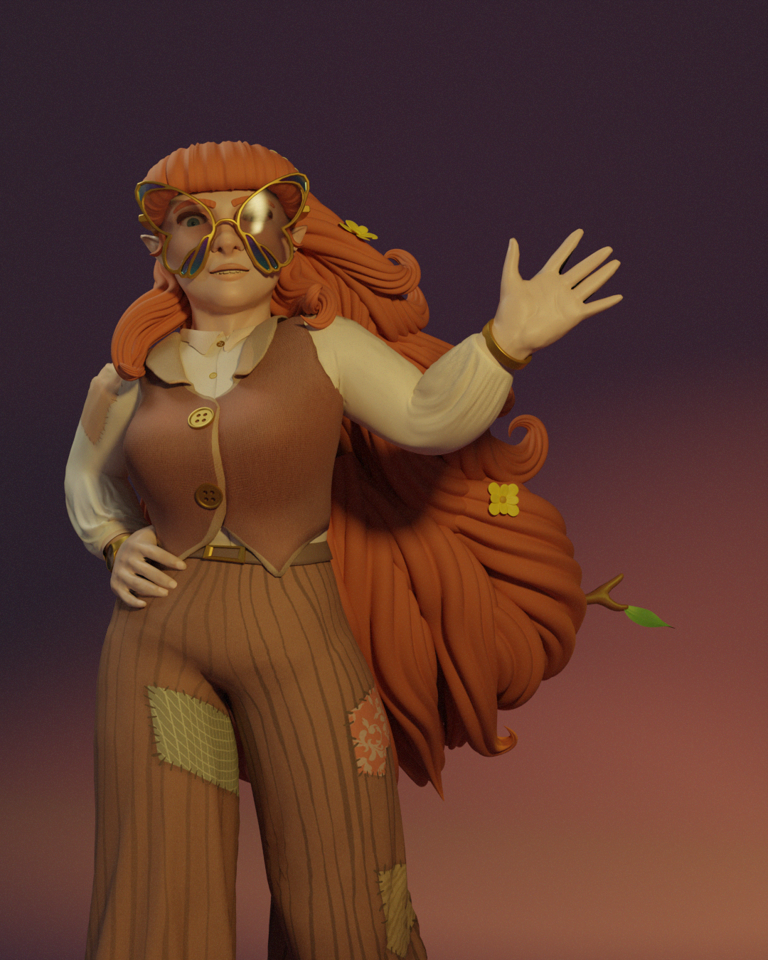 A stylized sculpture of a woman with long, curly red hair, wearing butterfly-shaped glasses, a beige vest, striped pants with patches, and a cream blouse, waving with her right hand.