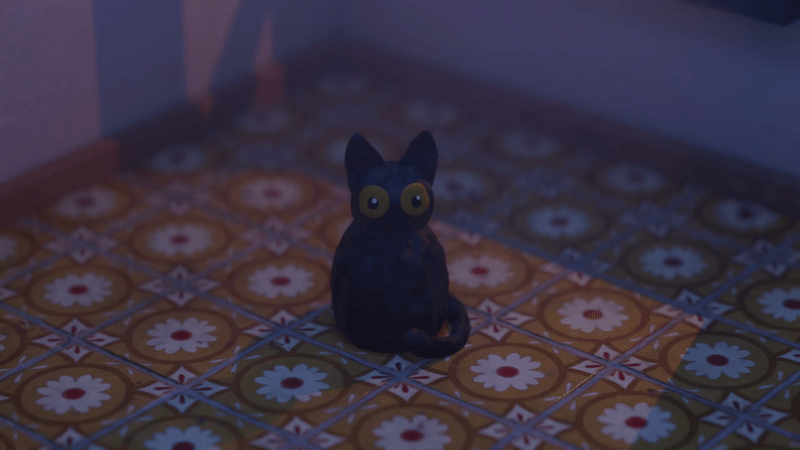A 3d black cat with large yellow eyes sitting on a patterned tile floor with floral designs.