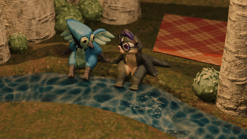 Two Claymation furry characters near a small stream with trees and bushes in the background.