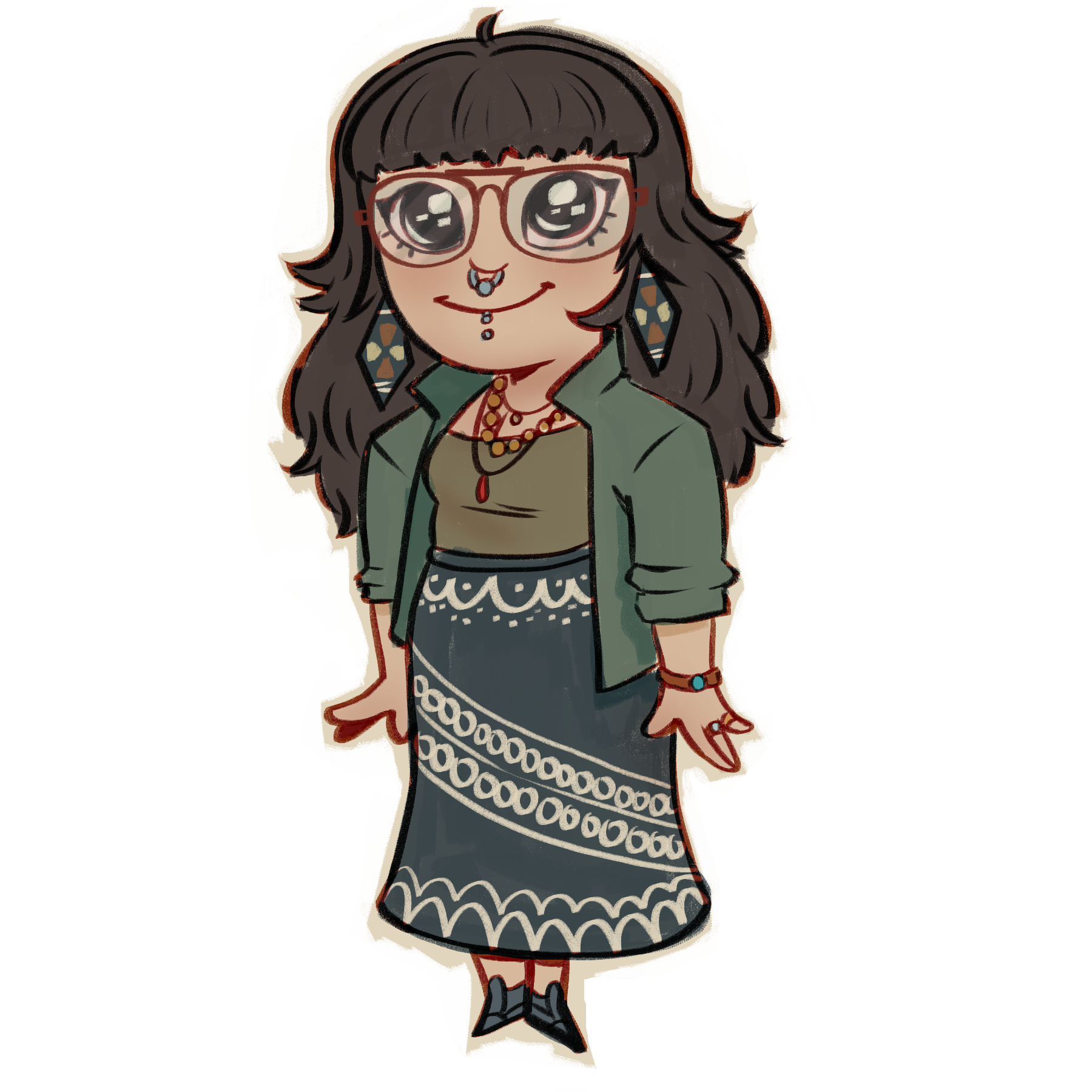 Stylized cartoon woman with glasses, long dark hair, colorful earrings, layered necklaces, green jacket, and patterned black skirt