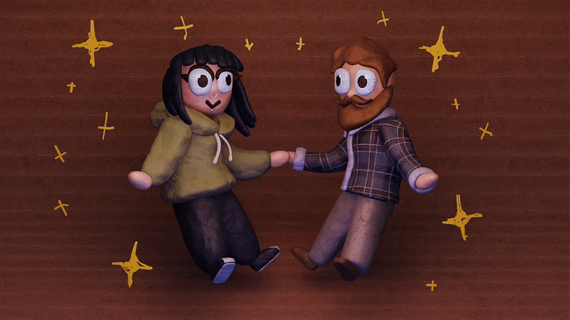 Claymation characters of a woman with dark hair and a man with a beard, holding hands and floating with sparkles around them.
