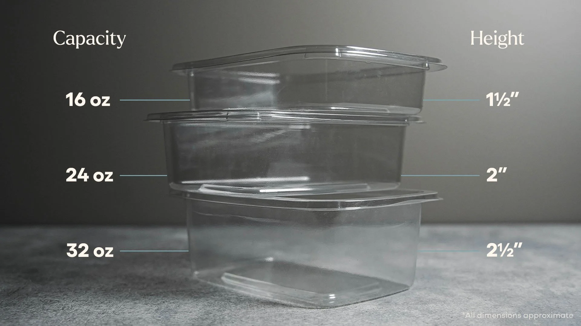 Stack of three plastic food packaging containers with capacities and heights listed