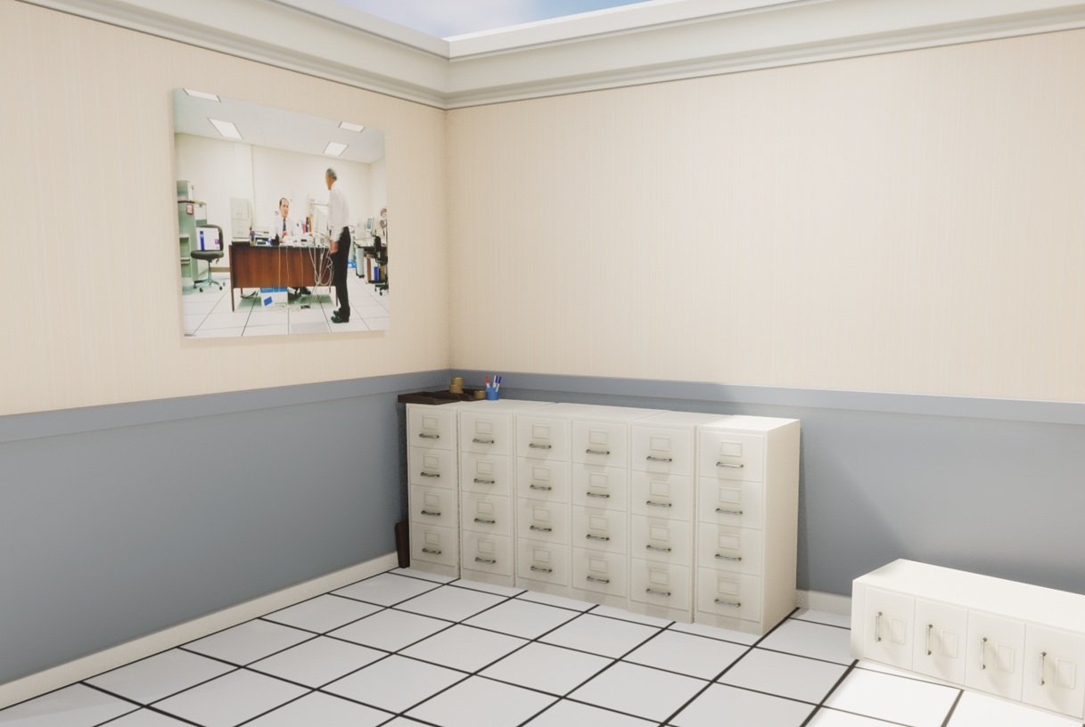 3d Scene of an office with filing cabinets.