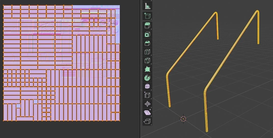 A 3d render of stairs and a UV map