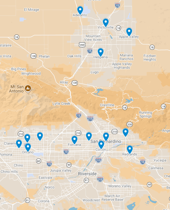 Map of locations served by the Wellness Equity Alliance street medicine team in San Bernardino including cities in  San Bernardino proper, West, and High Desert.