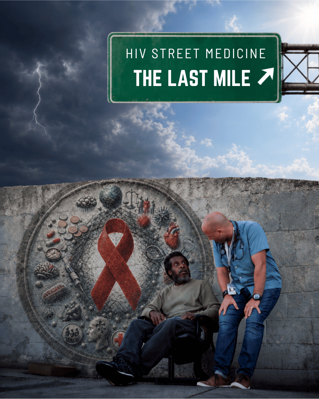 An HIV street medicine doctor is leaning down talking to an unhoused patient. Above is a street sign that says HIV Street Medicine The Last Mile and on the wall is an image representing a syndemic.