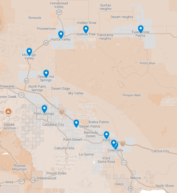 Google map showing the locations of Indio, Coachella City, Palm Springs, Coachella Valley, Desert Hot Springs, Morongo Valley, 29 Palms, Yucca Valley, Joshua Tree