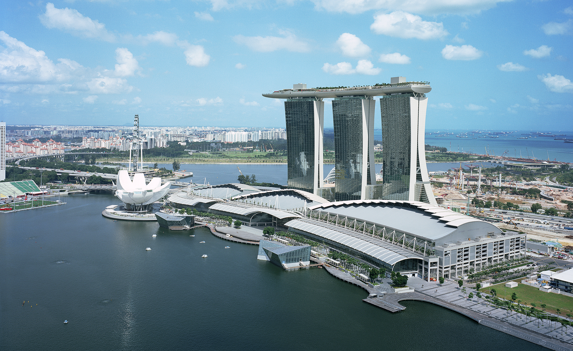 The Marina Bay Sands Building in Singapore against a blue sky