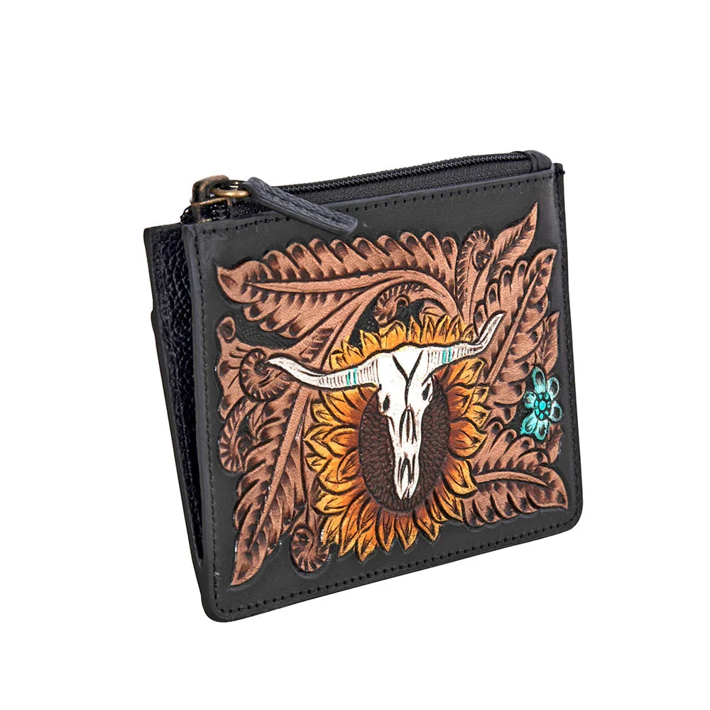 Longhorn Flower Mini Hand-tooled Card Holder  2.webp