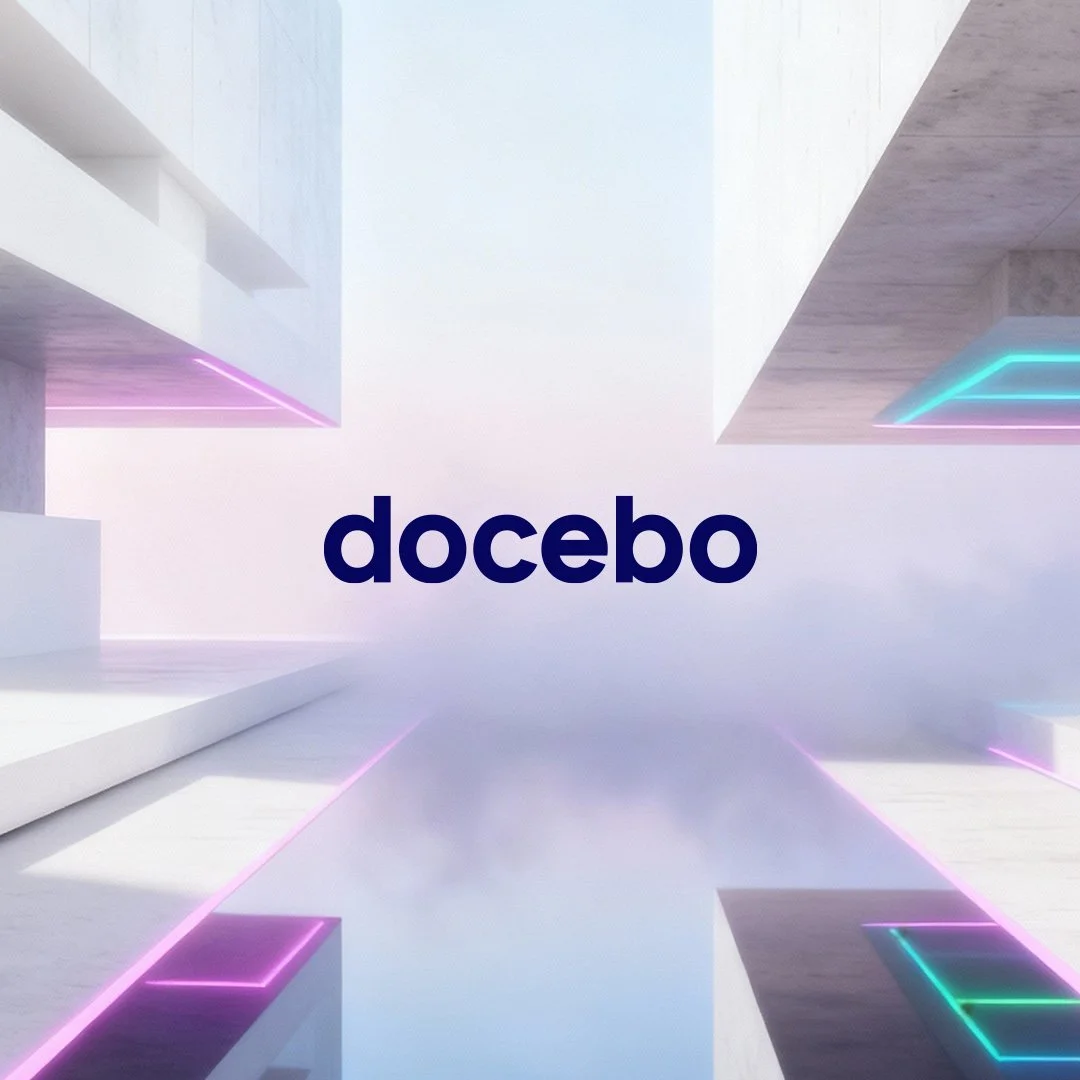 Futuristic landscape world with neon lighting and Docebo logo
