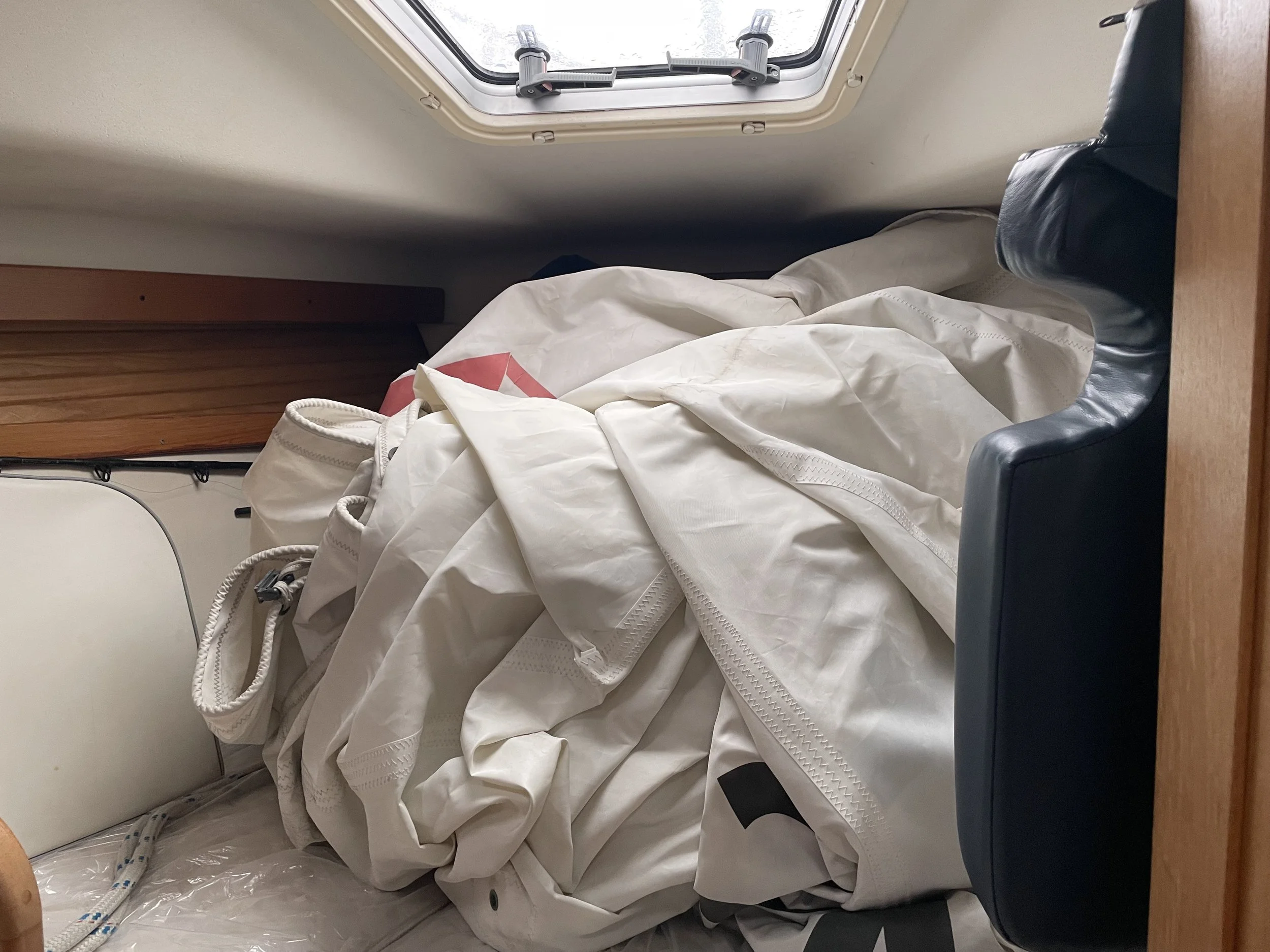 We fit our mainsail, genoa &amp; spinnaker sails in here!