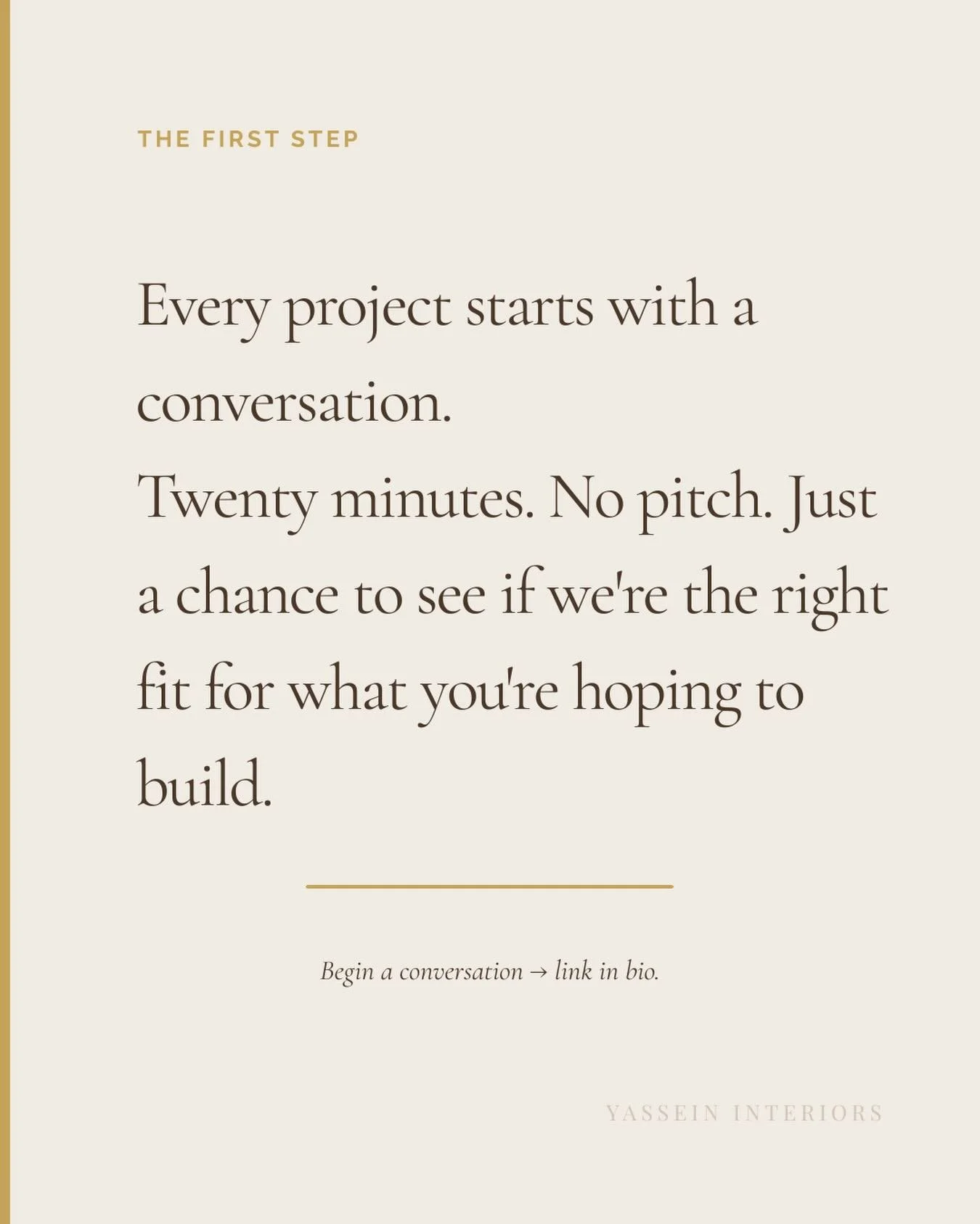 Every project I take on starts the same way &mdash; with a twenty-minute Discovery Call.
No pitch. No hard sell. Just a conversation about what you&rsquo;re thinking, what the room is being asked to do, and whether the way I work is the right fit for