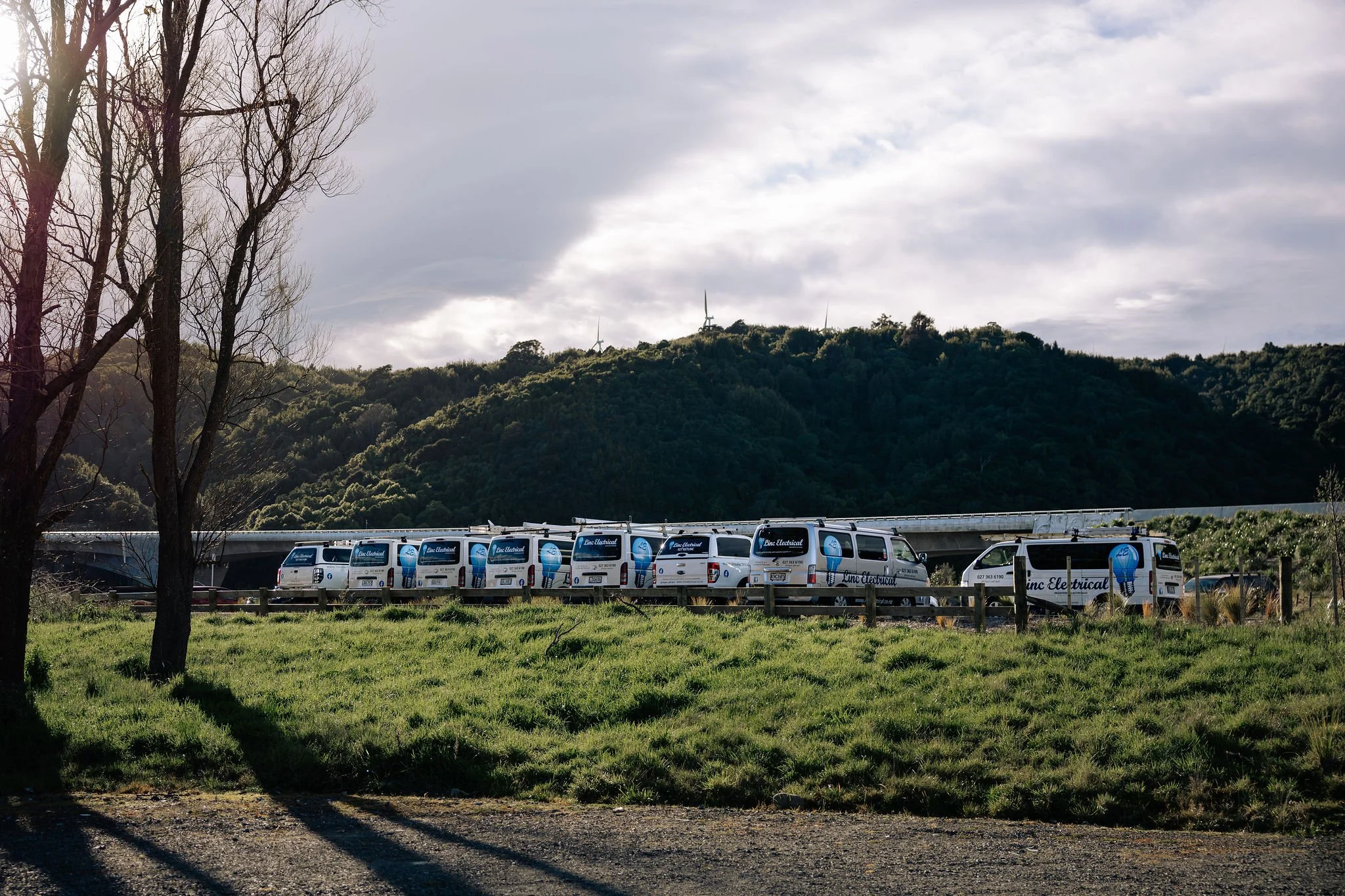 Linc Electrical’s fleet of work vans lined up in the Manawatū