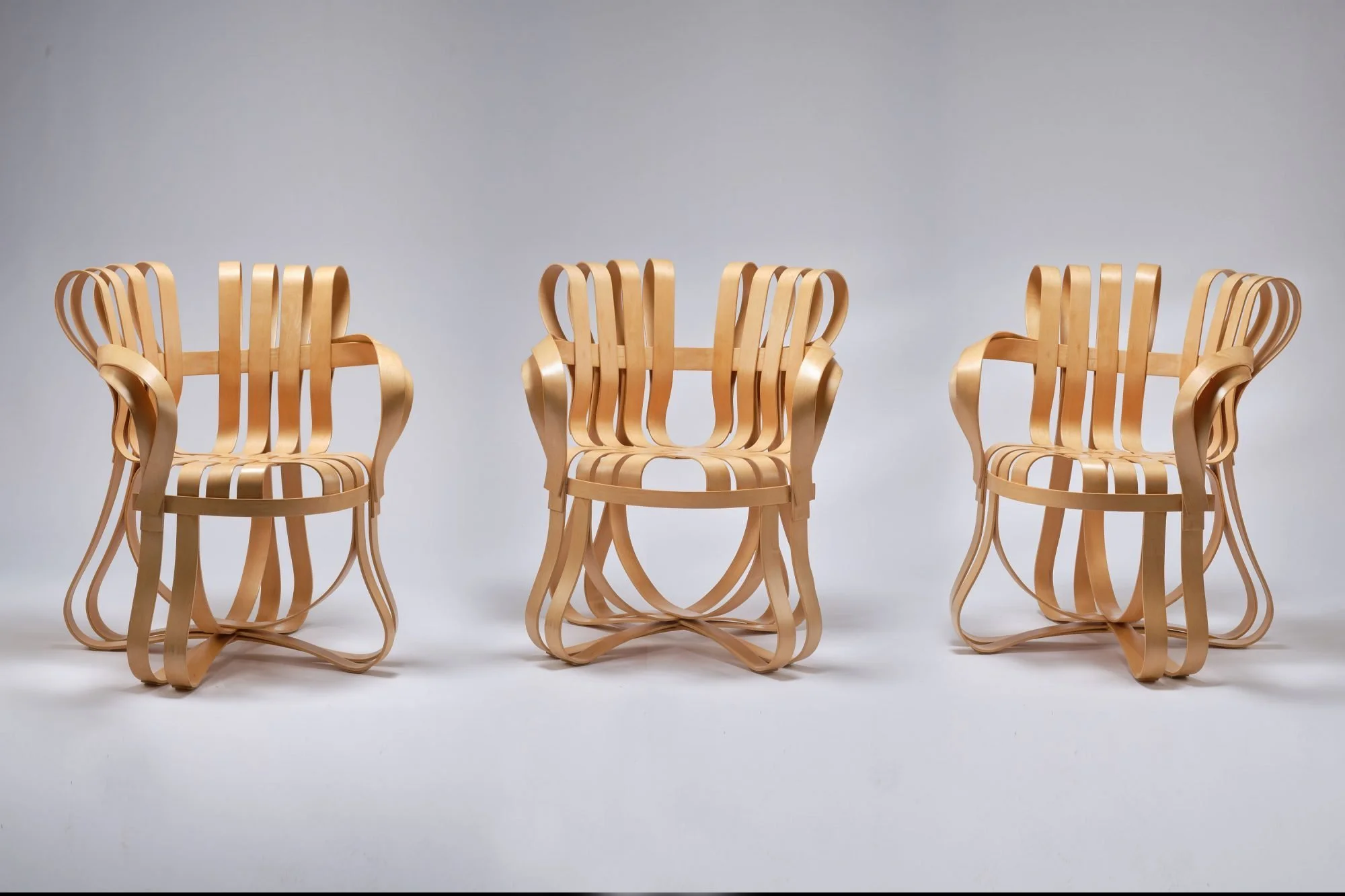 Extremely Rare Frank Gehry For Knoll White Maple Bentwood ‘Cross Check’ Chairs, Circa 1990’s.
