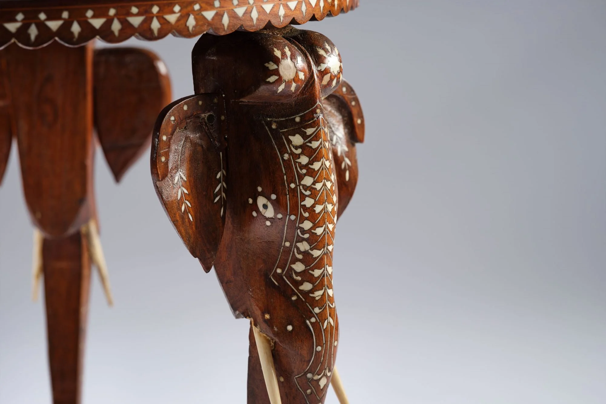 Antique Intricately carved Indian Teak Elephant side table depicting the‘Taj Mahal’