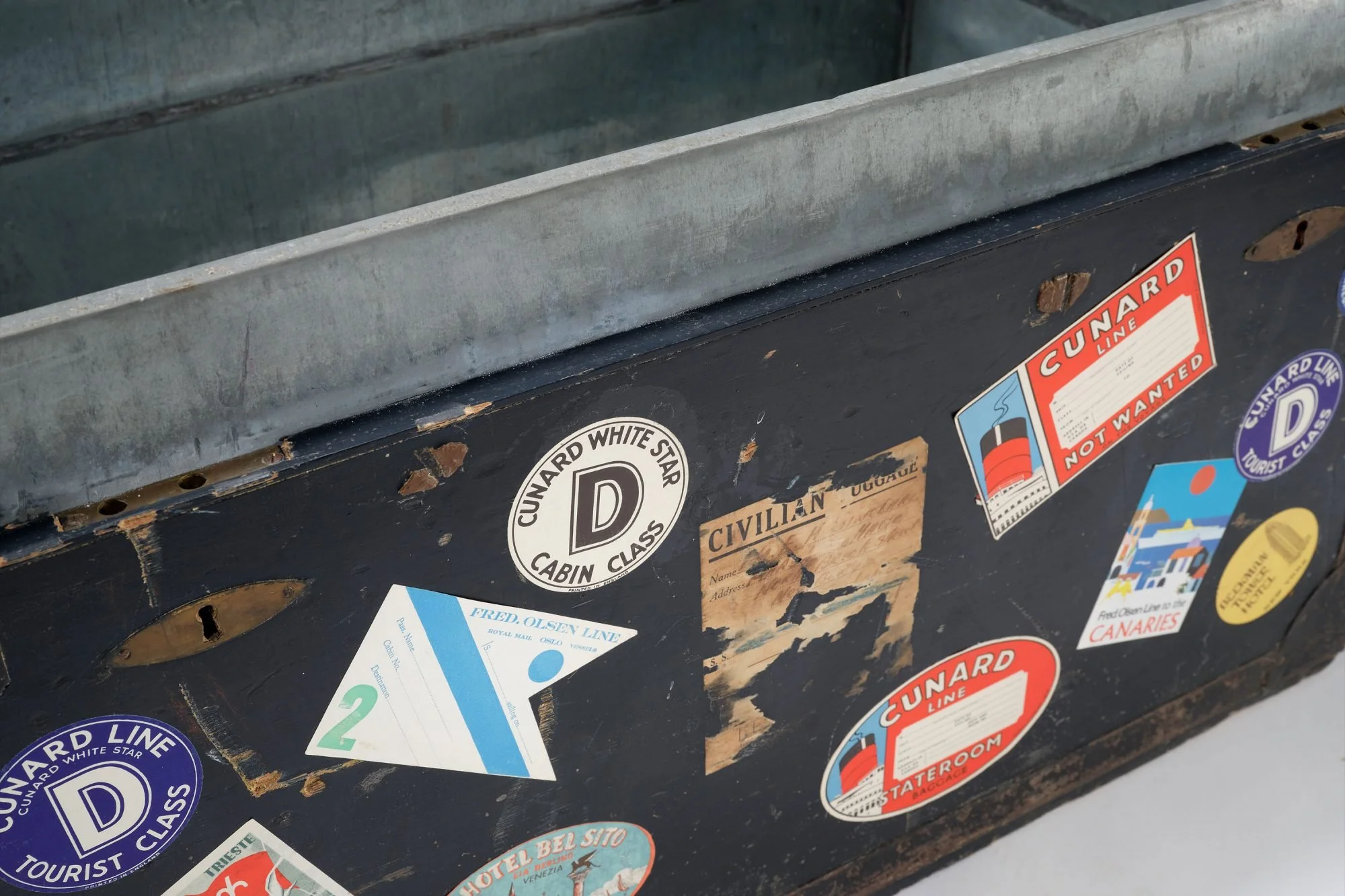 Original ‘Burne’ Steamer Trunk With Incredible Provenance, Historical Journeys, Photographs & Original ‘Cunard Line White Star’ Passenger Stickers.