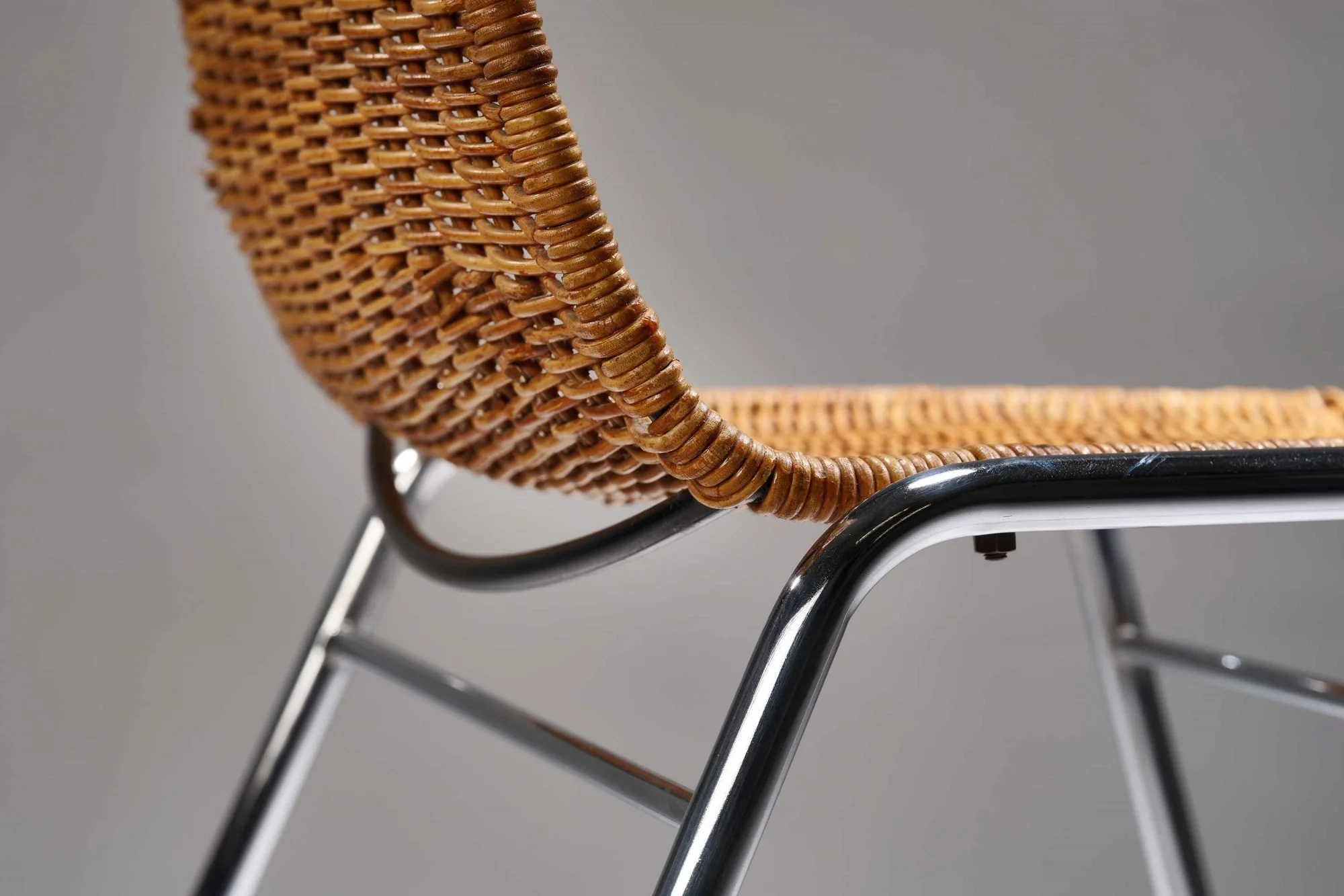 Extremely Rare Mid Century Wicker & Chromed Steel ‘Basket Chairs’ By Gian Franco Legler, Matching Set Of 6 Chairs Available. Circa 1950s