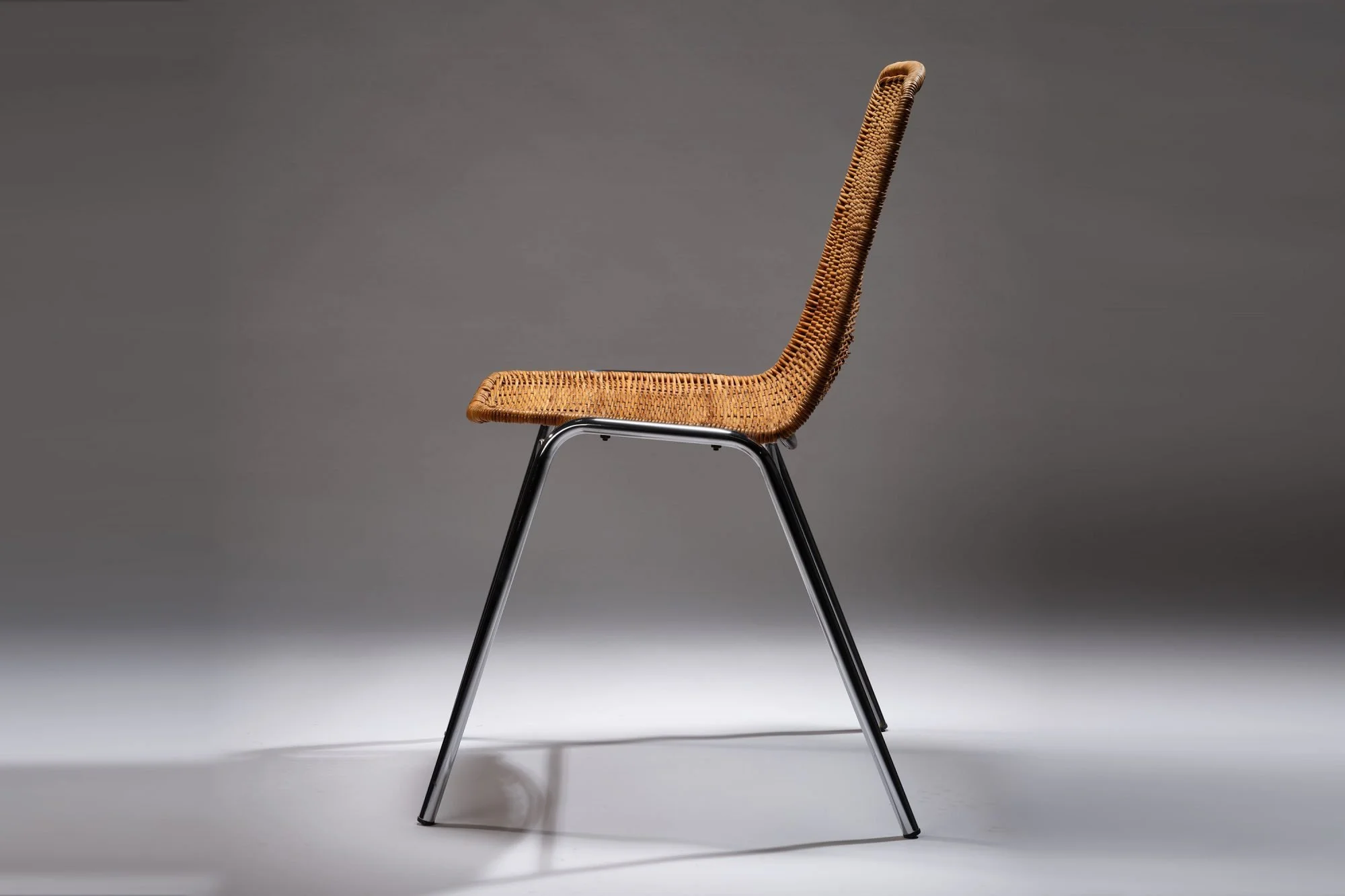 Extremely Rare Mid Century Wicker & Chromed Steel ‘Basket Chairs’ By Gian Franco Legler, Matching Set Of 6 Chairs Available. Circa 1950s