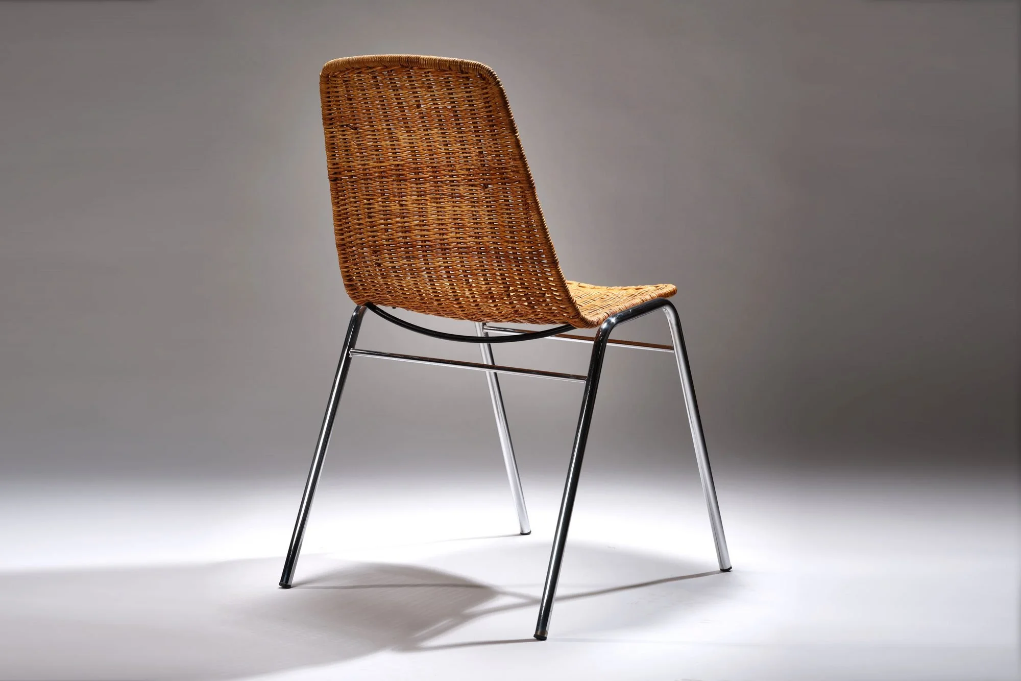 Extremely Rare Mid Century Wicker & Chromed Steel ‘Basket Chairs’ By Gian Franco Legler, Matching Set Of 6 Chairs Available. Circa 1950s