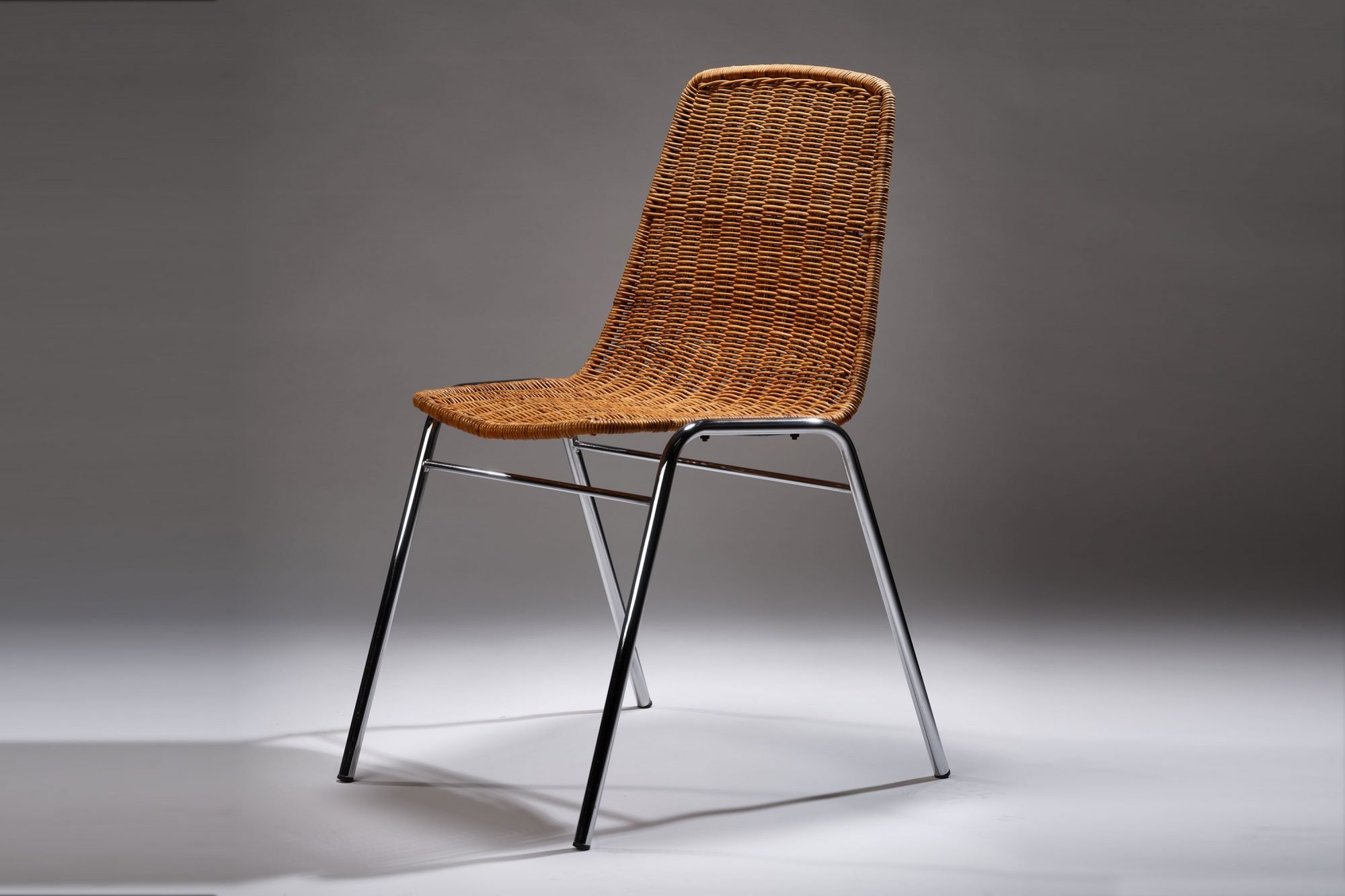 Extremely Rare Mid Century Wicker & Chromed Steel ‘Basket Chairs’ By Gian Franco Legler, Matching Set Of 6 Chairs Available. Circa 1950s