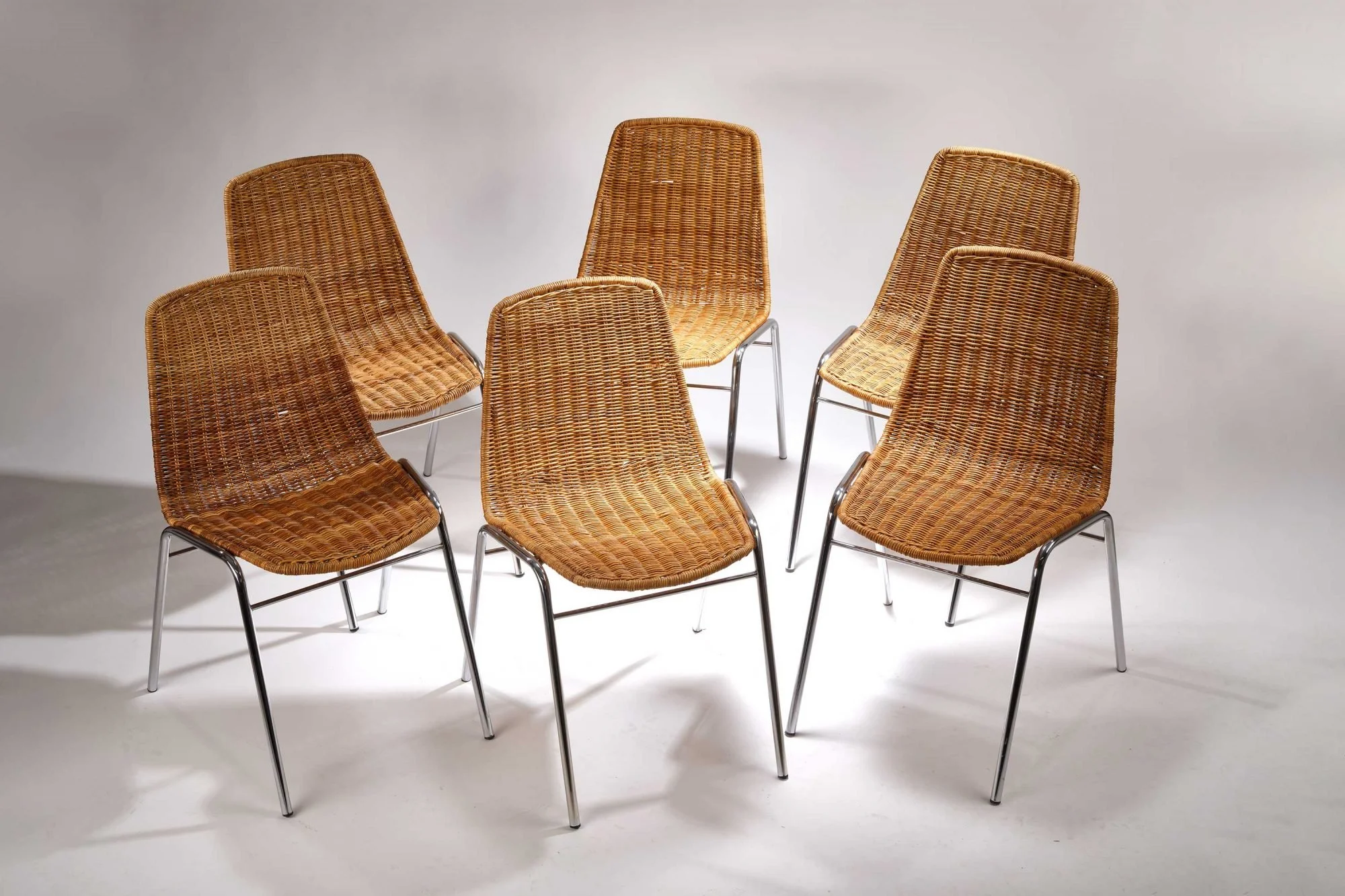 Extremely Rare Mid Century Wicker & Chromed Steel ‘Basket Chairs’ By Gian Franco Legler, Matching Set Of 6 Chairs Available. Circa 1950s