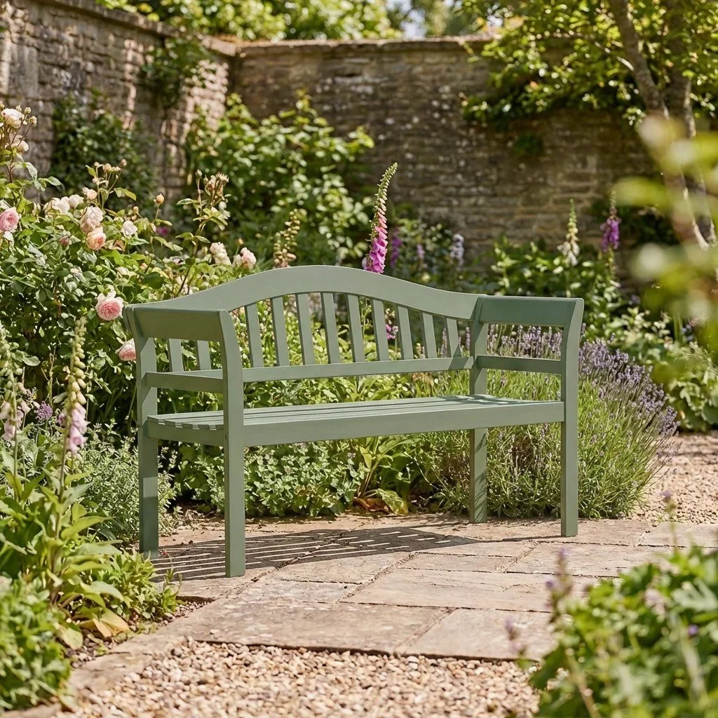 A green wooden bench in a garden surrounded by pink, purple, and white flowers with a stone wall in the background.
