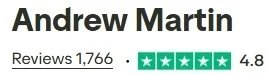 Screenshot of Andrew Martin's review profile showing 1,766 reviews and a 4.8-star rating.