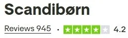 Review rating for Scandibørn with 945 reviews, 4.2 out of 5 stars, green star icons showing rating
