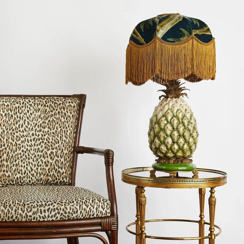 PINEAPPLE LAMPSTAND WITH VELVET BOTANICAL FRINGED SHADE