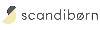 Logo of Scandibørn with a stylized leaf or abstract shape in gray and beige, and the word 'scandibørn' in lowercase letters.