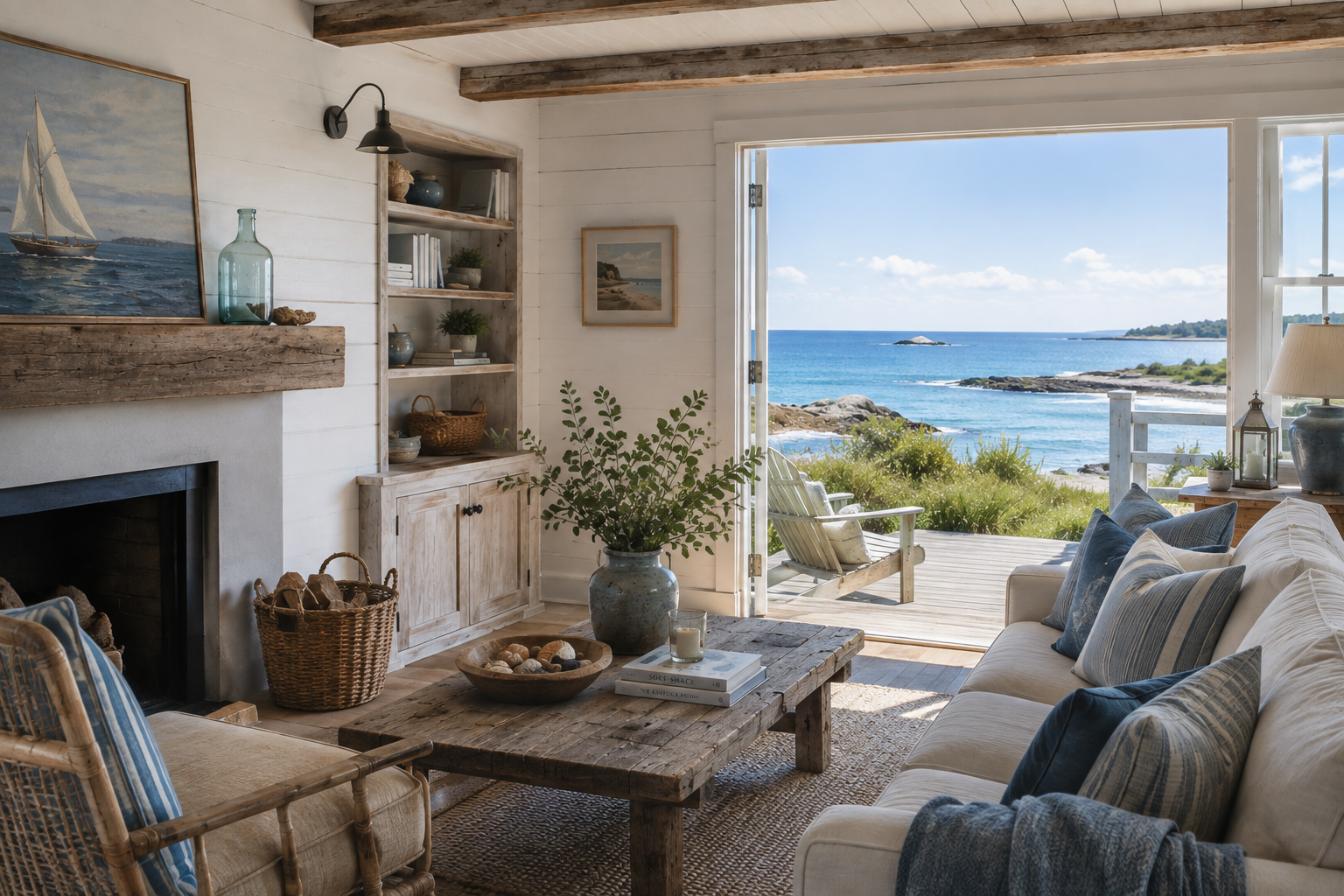 Coastal living room with view of the ocean, open door leading to deck with outdoor chairs, beige sofa with blue pillows, wooden coffee table with books and a vase of greenery, bookshelf with decor, painting of sailboat, and a fireplace.