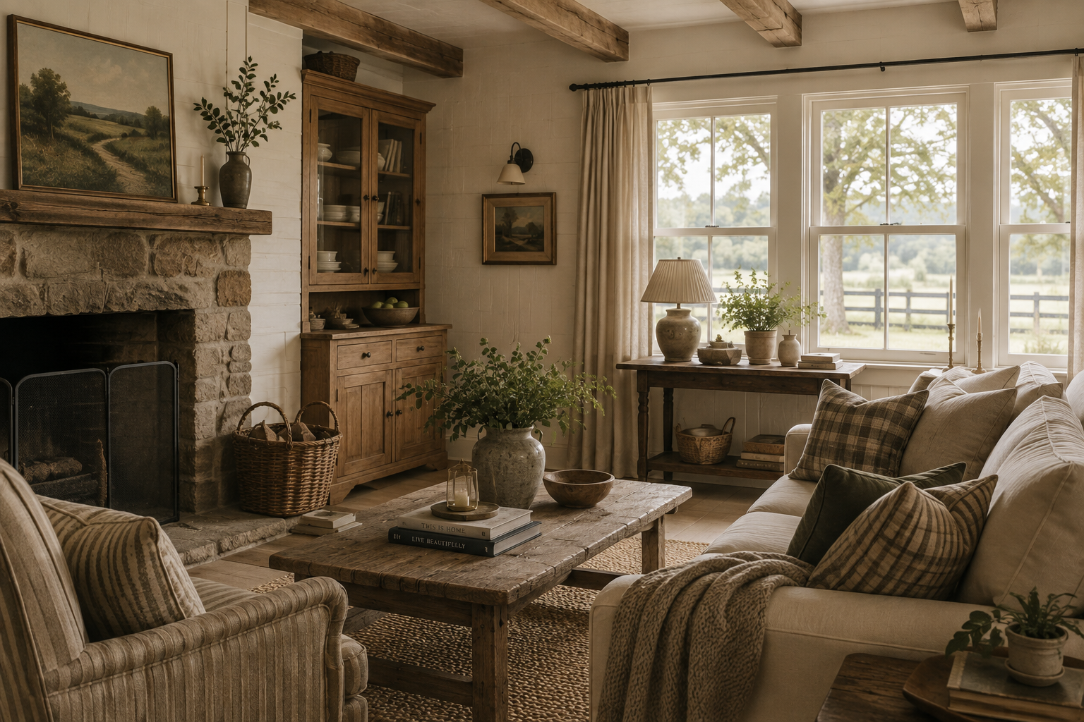 Cozy living room with a stone fireplace, wooden furniture, and large windows showing outdoor trees and fence, decorated with potted plants, lamps, and cushions in a rustic style.