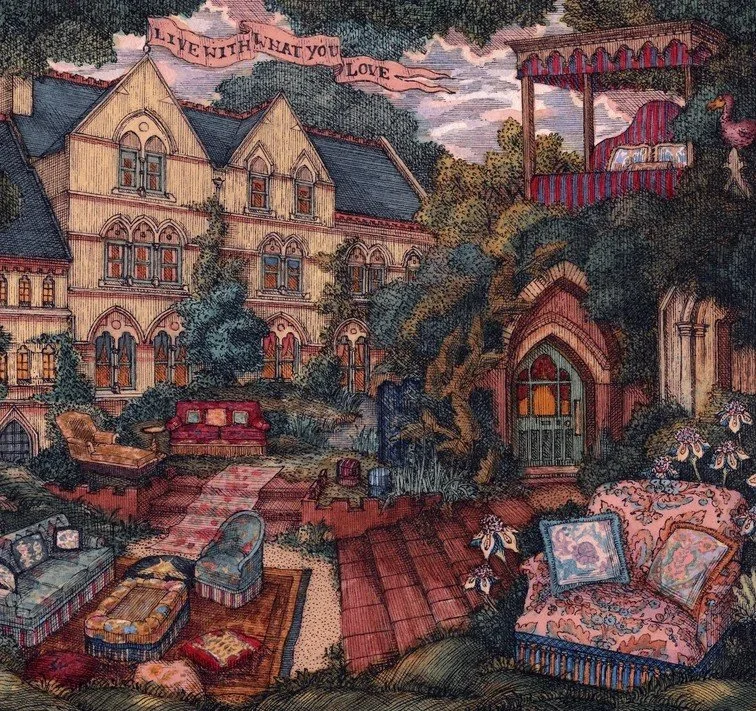 A colorful, detailed illustration of a whimsical outdoor scene with a house, garden furniture, a canopy with a pink bird, and a banner that reads "Live with what you love."