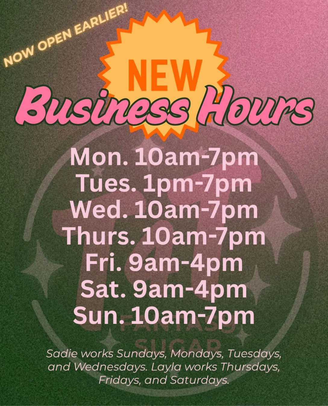 New EXPANDED business hours! We have added 9 more hours to our week, bringing back that morning availability many of you have been missing. Book us for a morning ki! #sugarwax #sugaringportland #waxingportland #sugarpdx #lgbtqsalon