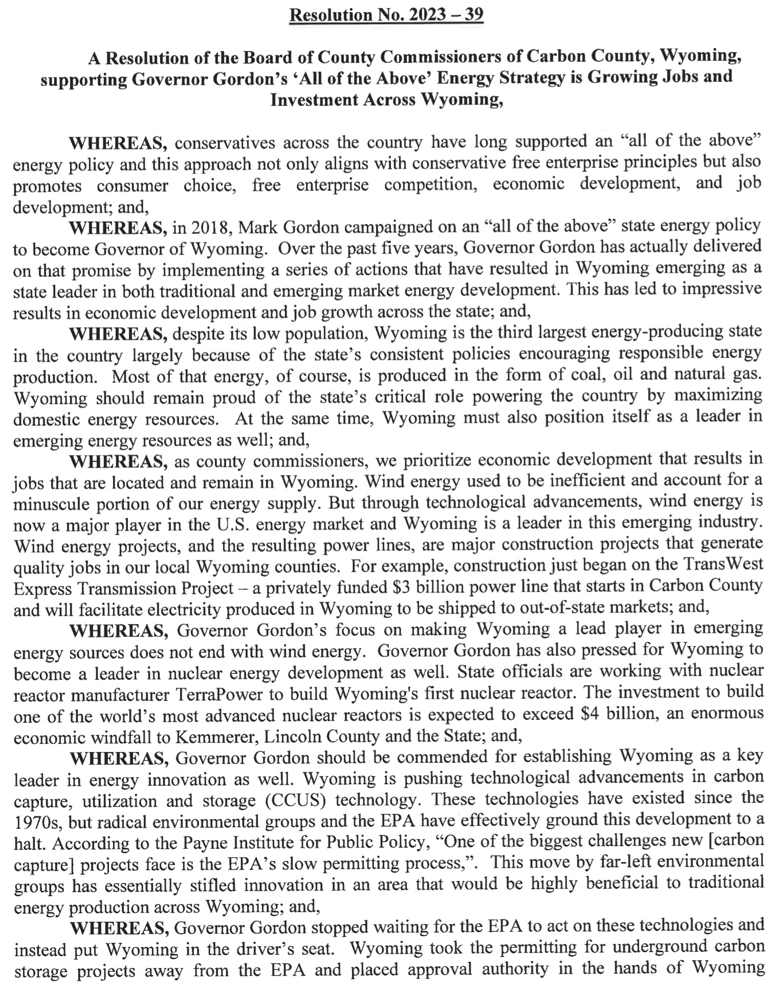 Carbon County Supports Gov. Gordon — Western Way Action