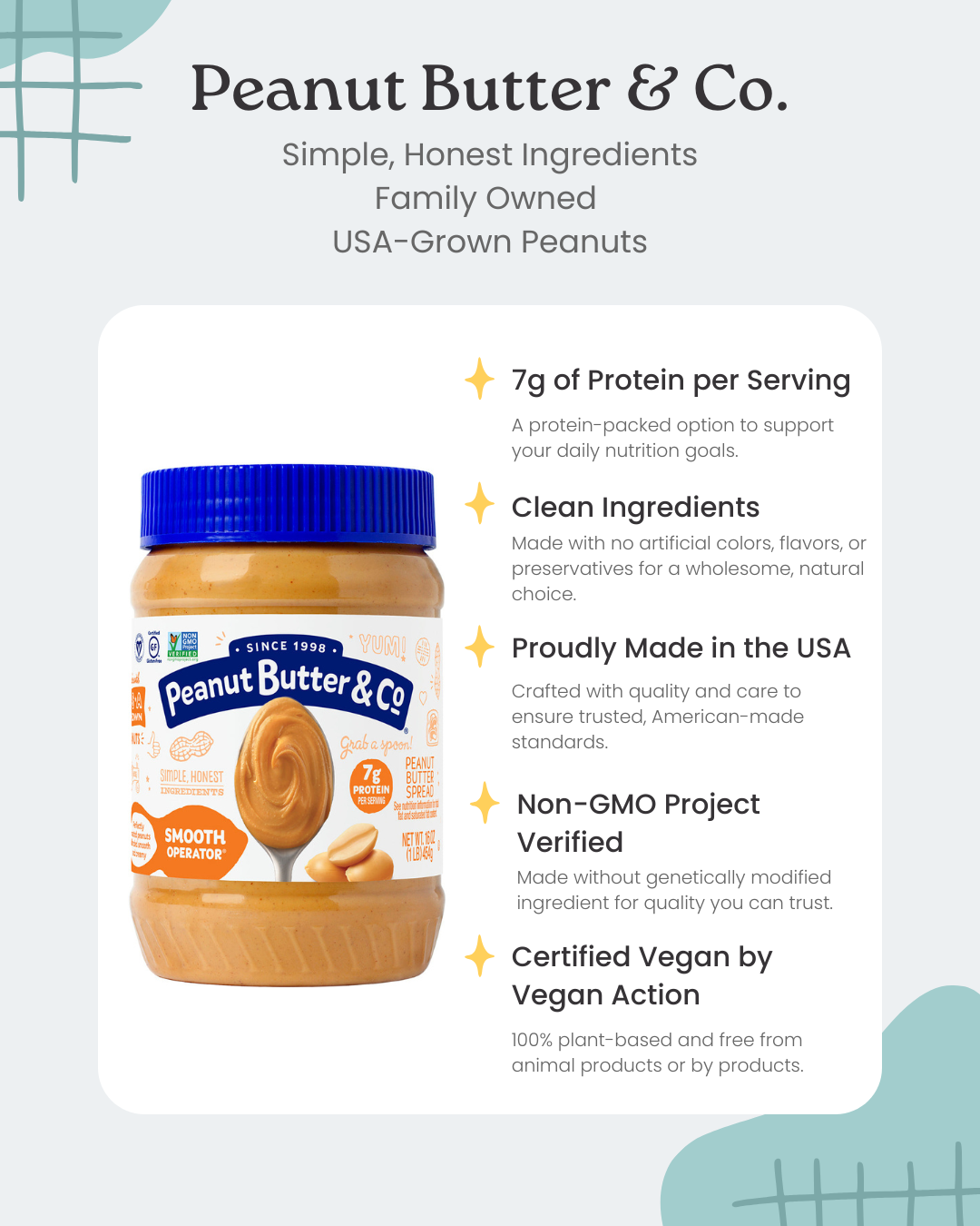 Label for Peanut Butter & Co. natural peanut butter with a blue lid, highlighting features such as 7 grams of protein per serving, clean ingredients, made in the USA, non-GMO verified, and vegan-certified.
