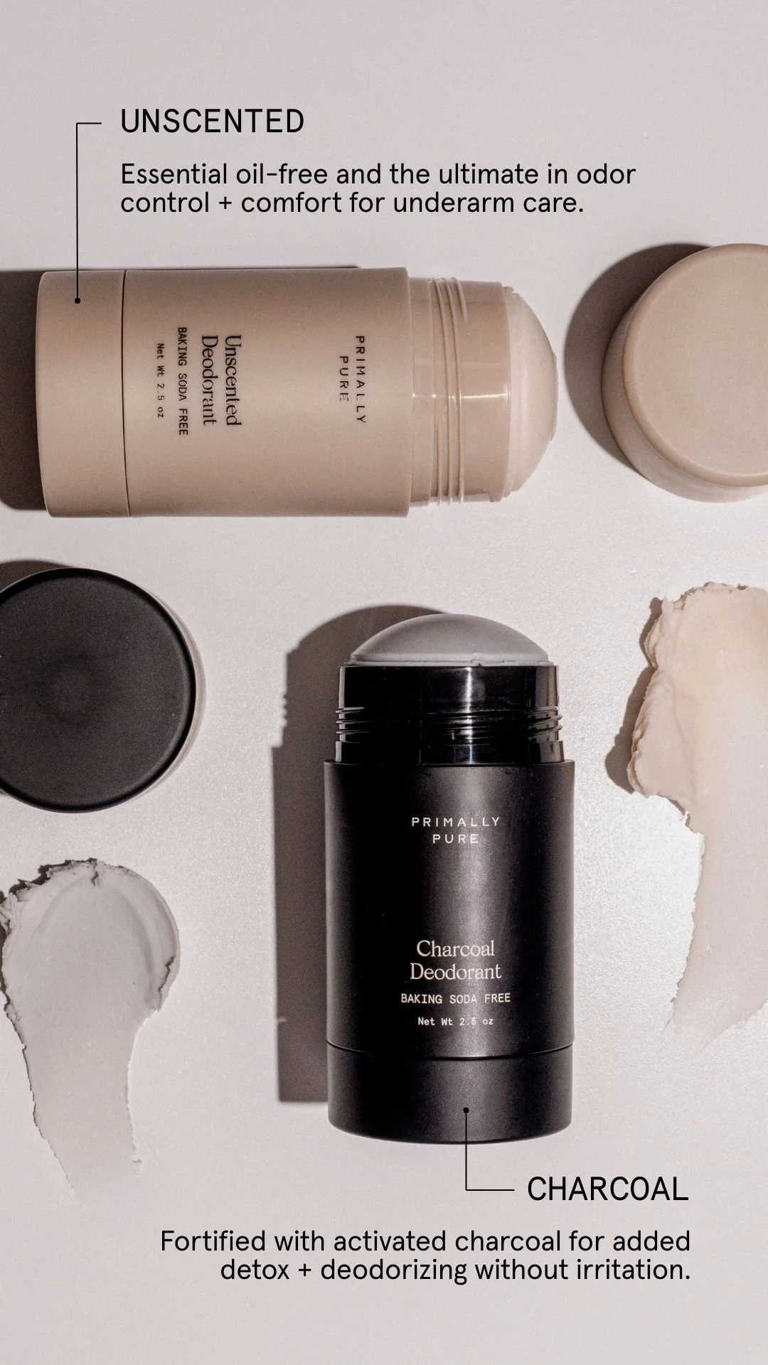 Image displaying natural deodorant containers labeled "Unscented" and "Charcoal," with descriptive text about their features, placed on a white surface.