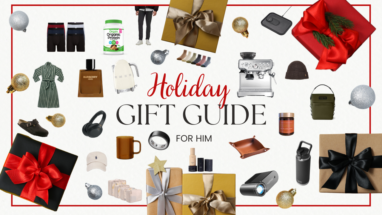 Holiday gift guide featuring various items such as clothing, accessories, tech gadgets, home decor, beauty products, and wrapped presents with bows.