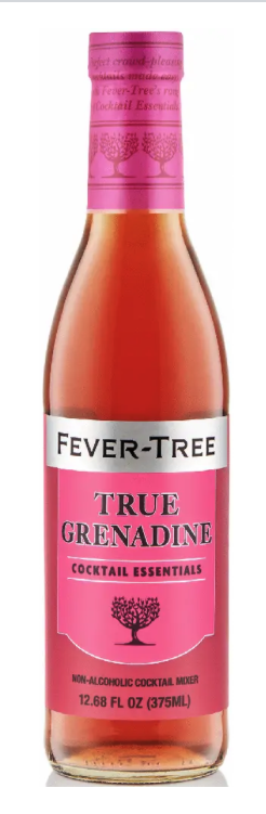 A bottle of Fever-Tree True Grenadine cocktail mixer in pink color with a label and pink cap