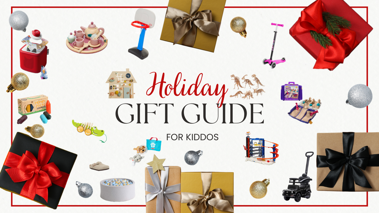 Holiday gift guide for kids featuring wrapped gifts, toys, and ornaments on a white background.