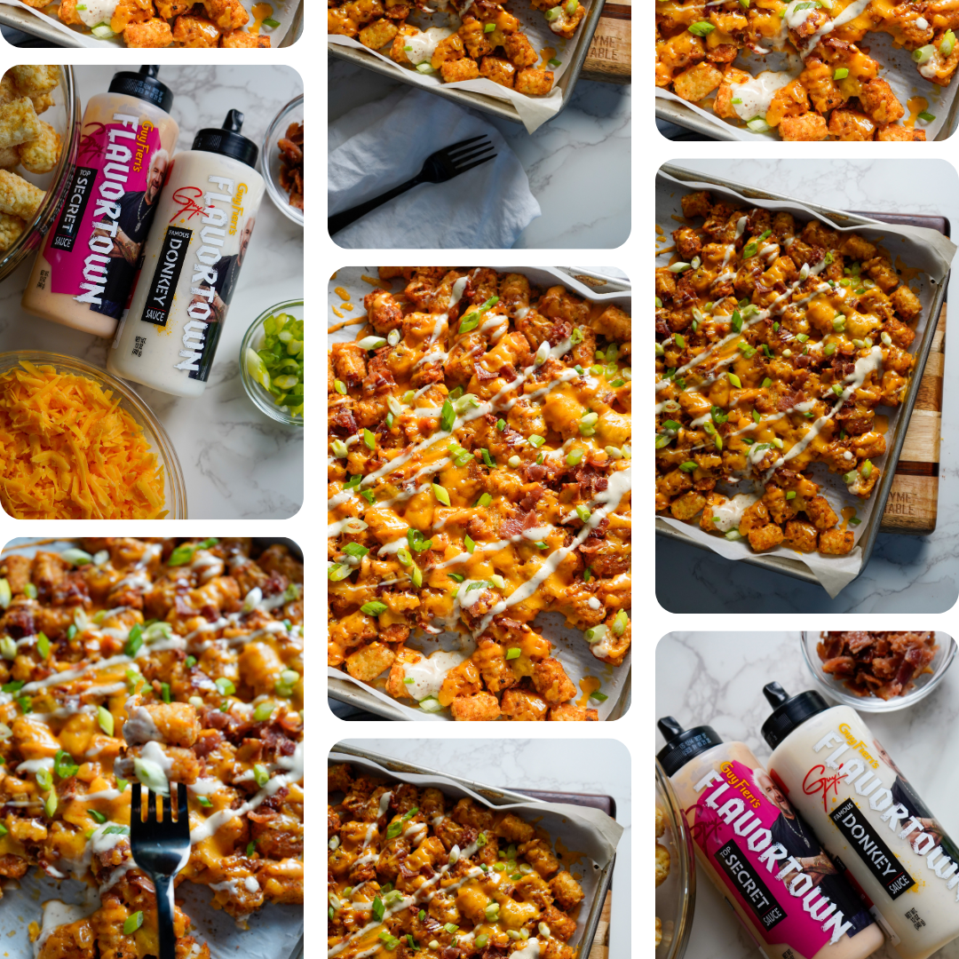 Crispy Tater Tots topped with shredded cheese, green onions, and drizzled with FlavorTown Donkey sauce and Top Secret Sauce, served in a baking dish on a marble surface.