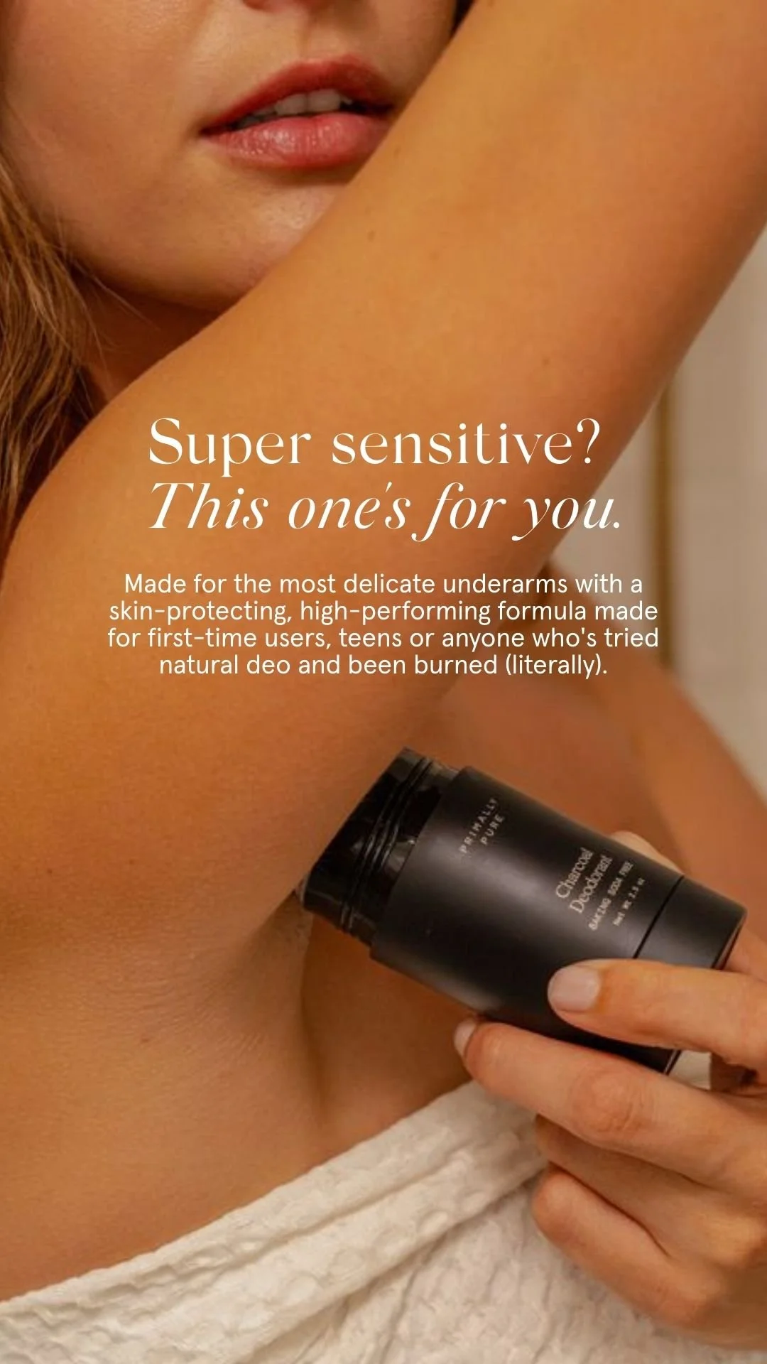 A woman with tan skin holds a black container near her armpit. The image is used for advertising a sensitive deodorant with a focus on delicate skin protection.